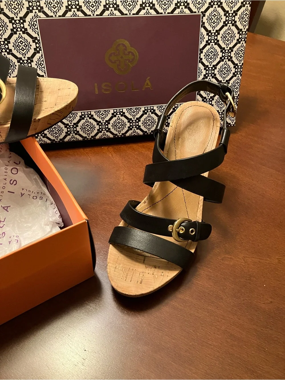 Isola Black Strappy Cork-Effect Wedge Sandals